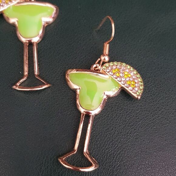 Cheers Margarita Earrings Lime Green Glasses with Sliced Lime‎ and Crystals - Picture 2 of 5